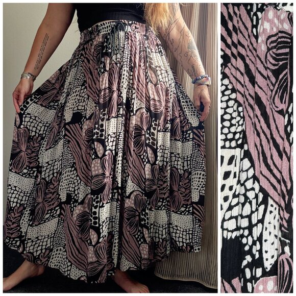 Vintage 90s Polka Dot Printed Broomstick Skirt Floral Op Art Elastic Waist L/XL - Picture 1 of 12